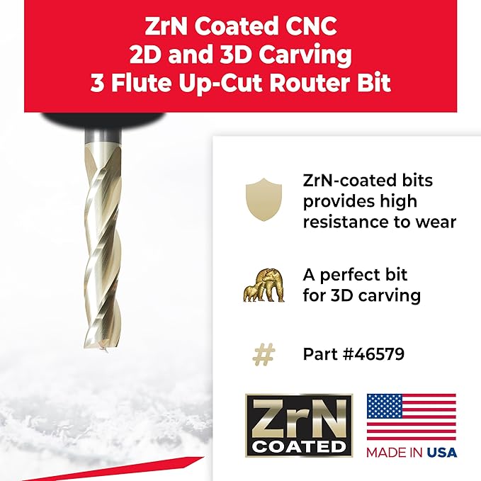 Amana Tool CNC Router Bits for 2D/3D Carving Flat Bottom, ZrN Coated, 46579, 0.10 Deg Straight Angle x 1/2 Dia x 2-1/4 x 1/2 Shank x 3 Flute