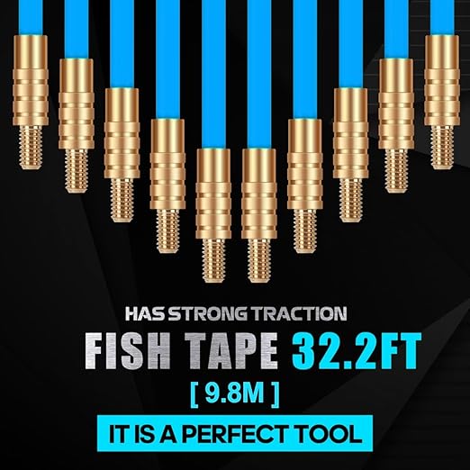 32.2FT Fiberglass Running Electrical Wire Cable Glow Rods Wire Pulling, Fish Rods Electrical Kit with 6 Different Attachments and Fish Tape Wire Puller Kit (32, Blue)