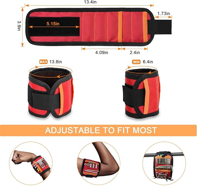 vidsel Magnetic Tool Holder Belt & Wrist-Band (15 N38 Magnets), Adjustable Work Gadget for Electricians/DIY/HVAC, Screws, Nails, Drill Bits Organizer, Birthday Gift for Men, Dad, Husband, Red