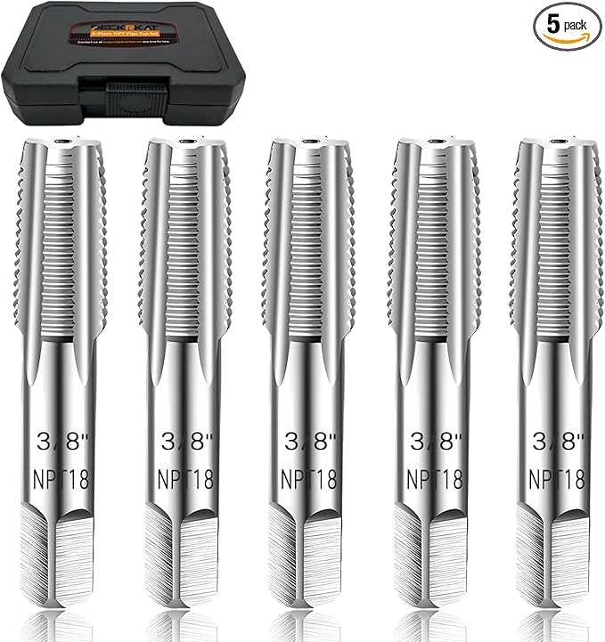 5-Piece NPT Pipe Tap Set, Precision Carbon Steel NPT Tap Thread Cutting Brill Bits Set for Clean Accurate Threads, 3/8" NPT Tap, Perfect for Plumbers Mechanics DIYers, with Durable Plastic Case.