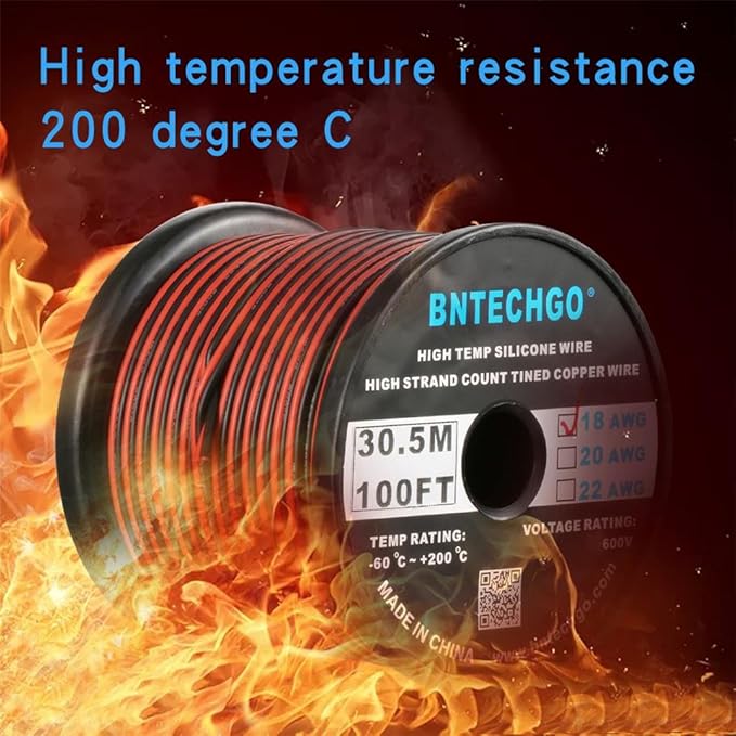 BNTECHGO 18 Gauge Flexible 2 Conductor Parallel Silicone Wire Spool Red Black High Resistant 200 deg C 600V for Single Color LED Strip Extension Cable Cord,Model,100ft Stranded Tinned Copper Wire