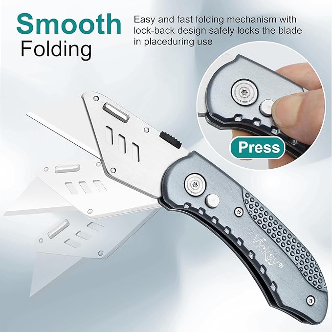 Vickay Folding Utility Knife, Box Cutter with Heavy Duty SK5 Quick Change Blades, Safety Axis Lock Design Razor Knife, Lightweight Aluminum Handle Belt Clip for Office Home Artcraft (Grey)