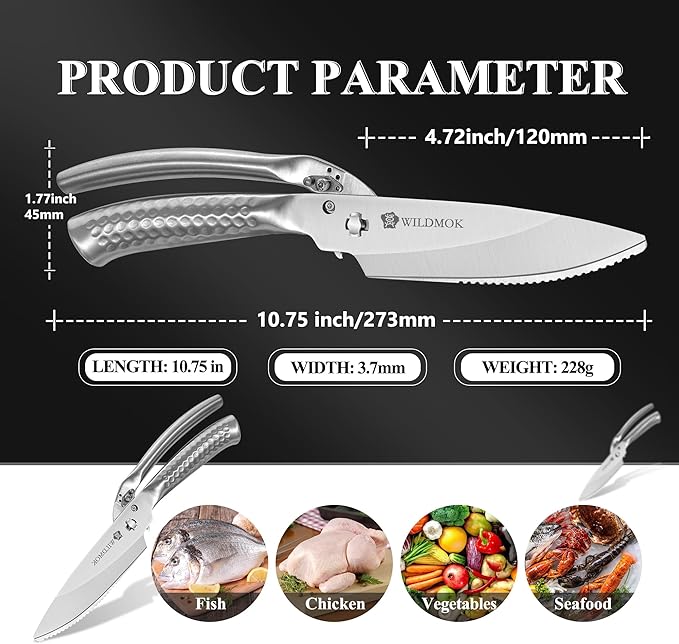 WILDMOK Heavy Duty Poultry Kitchen Shears – Multi-function Stainless Steel Poultry Shears, Ultra Sharp All Purpose Kitchen Scissors Cutting Chicken Meat, Turkey, Fish