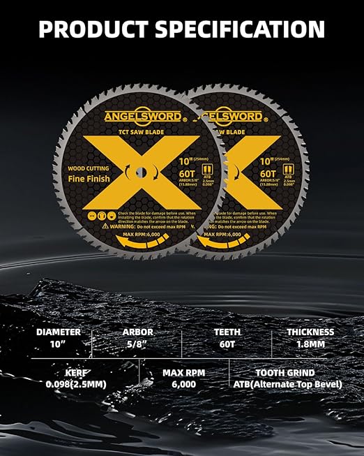ANGELSWORD 10 Inch Table Saw Blade/Miter Saw Blade for Fine Finish Wood Cutting, 60T, 2 Pack