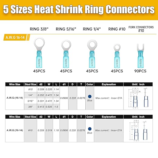 270PCS Marine Grade Heat Shrink Wire Connectors-Electrical Connectors Kit of Tinned Red Copper,Crimp Insulated Ring Fork Spade Butt Splice AWG16-14 Gauge (270pcs Blue, AWG 16-14)