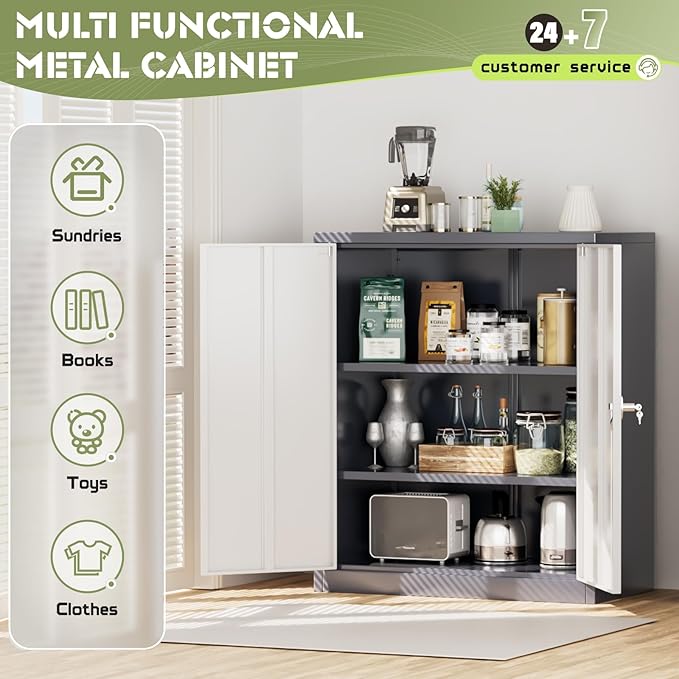 SUNCROWN Metal Storage Cabinets, 36”Locking Cabinet with Doors and Adjustable Shelves, Steel Utility Tool Garage Cabinets for Home, Office, Kitchen,Warehouse （Grey & White）
