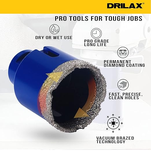 Drilax Pro Series 1-3/4 Inch Diamond Hole Saw for Angle Grinders | 1-3/8" Depth | 5/8"-11 Thread | Ideal for Drain Pipes, Vents, HVAC & Dry Drilling | Long Life