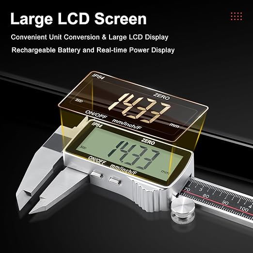 GODESON Digital Caliper,IP54 Caliper Measuring Tool-Stainless Steel & Large LCD Screen, Rechargeable Digital Micrometer display Inch/Metric/Fractions, 6 Inch Digital calipers-Absolute Scale & Auto-Off