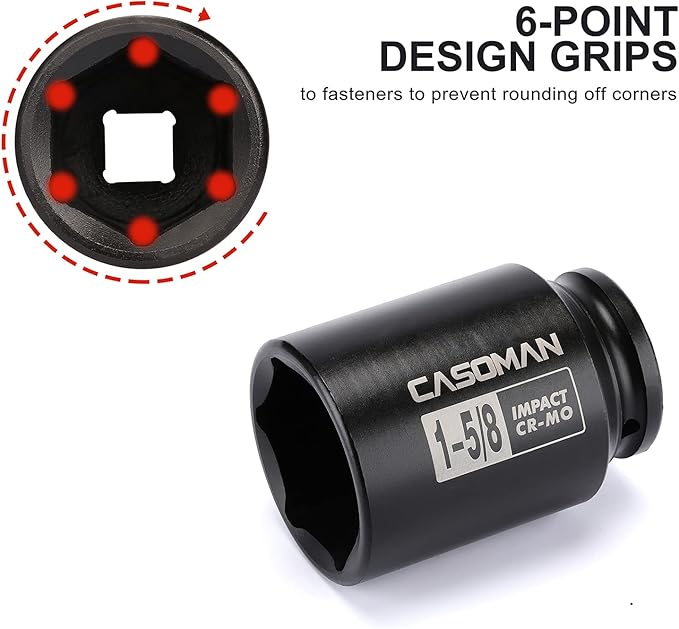 CASOMAN 6-Point 1/2-Inch Drive Deep Impact Socket- 1-5/8" (SAE), CR-MO, 1/2-inch Drive 6 Point Axle Nut Socket for Easy Removal of Axle Shaft Nuts (1-5/8")