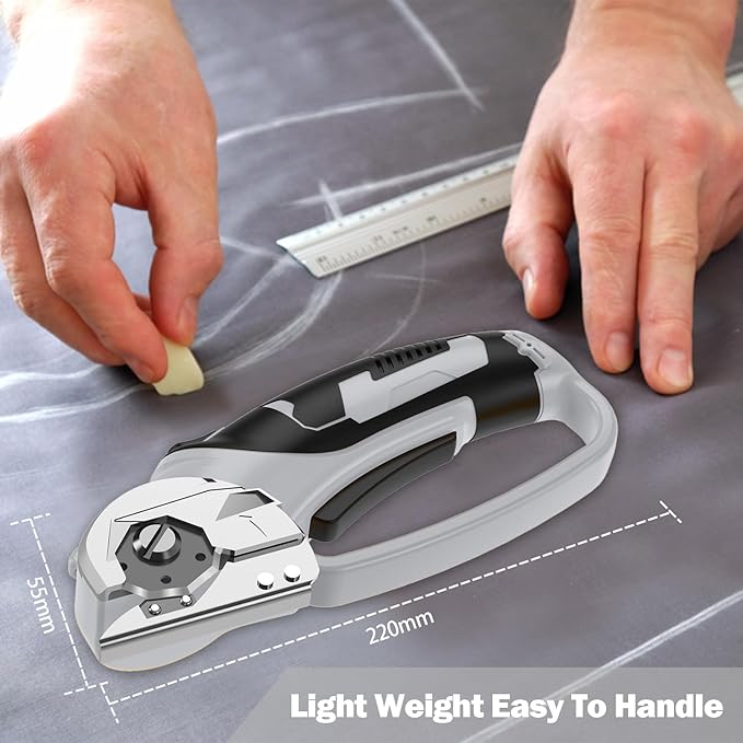 Cordless Electric Scissors, 4V Box Cutter & Cardboard Cutter with 2 Titanium Blades - Rotary Cutter with LED Light for Fabric, Leather, Carpet, Plastic, Crafting + Storage Case (Grey)