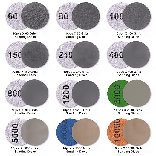2 Inch Sanding Disc 120 Pcs Wet Dry Hook and Loop Sandpaper Pads Kit 60-10000 Grits 1/4 in Backer Plate and Foam Buffering Pad for Wood, Metal, Car, Drywall, Drill Grinder Rotary Tools Attachment