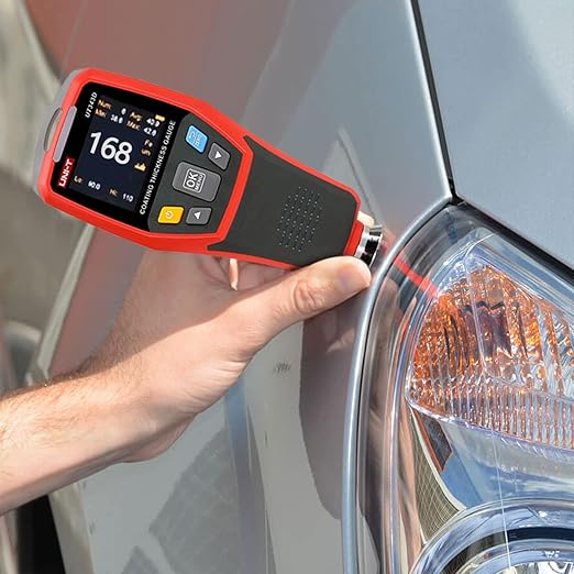 Paint Thickness Gauge for Cars UT343D Upgraded Coating Wet Film Thickness Gauge Paint Correction Precious Metal Tester Tool with Visual Go-NoGo Indicator Auto Rotatable Display