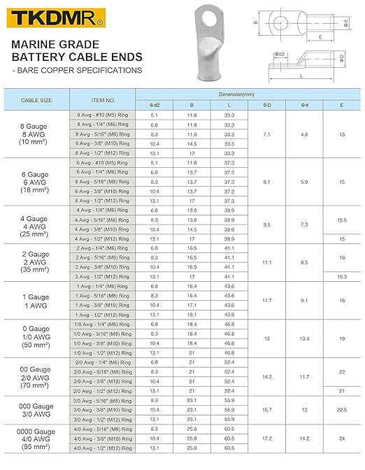 TKDMR 10pcs 6 Awg-3/8" Ring Marine Grade Copper Wire Lugs,with 3:1 Heat Shrink Tubing,UL Battery Cable Ends,Heavy Duty Cable Lugs,Tinned Copper Eyelets,Tubular Ring Terminals