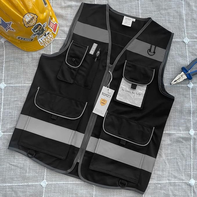 TCCFCCT Hi Vis Vest, 9 Pockets High Visibility Reflective Safety Vest for Men Women, Safety Construction Vest with Reflective Strips, Meets ANSI/ISEA Standards, (Black, Medium)