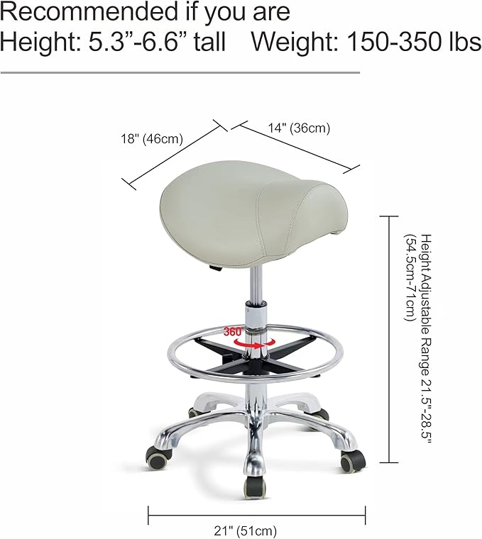 Grace&Grace Ergonomic Rolling Saddle Stool Chair with Wheels Adjustable Swivel Stool with Back and Footrest Heavy Duty for Esthetician, Artist, Dental, Medical, Spa, Salon, Cutting, Home Office