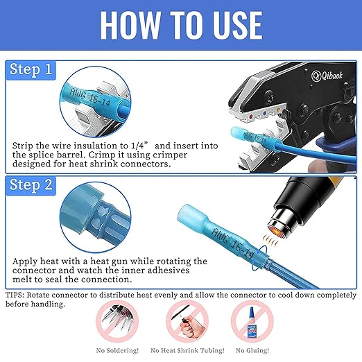 560 PCS Heat Shrink Wire Connectors Qibaok Electrical Connectors Kit Copper Waterproof Marine Automotive Crimp Connector 16-14 22-16 12-10 Gauge Insulated Ring Fork Hook Spade Butt Splices