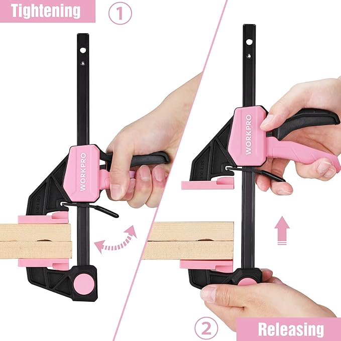 WORKPRO Mini Bar Clamps for Woodworking, 6"(2) and 4-1/2"(2), 4-Piece One-Handed Clamp/Spreader, Light-Duty Quick-Change F Clamp with 150lbs Load Limit - Pink Ribbon