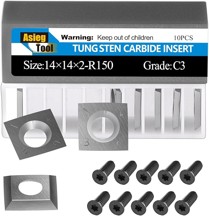 Asieg Tool 14x14x2mm-30° R150 Carbide Inserts Cutters Knives Replacement Blades 6 Inches Radius with Screws for Grizzly T21348 and Woodworking Spiral Helical Planer Head 10pcs