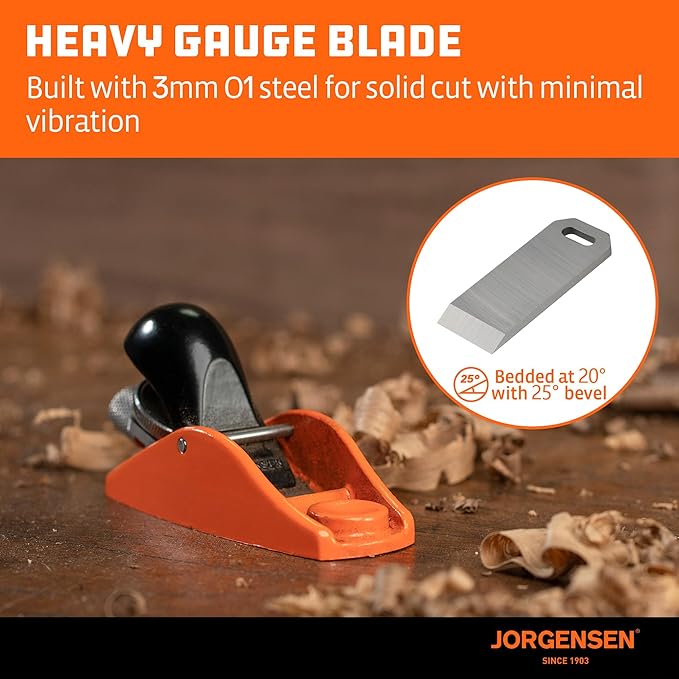 JORGENSEN 3.5" Mini Wood Planer - Mini Hand Planer for Woodworking, Block Plane, Small Hand Plane for Trimming, Wood Planing, Craft, Professional Ductile Iron Body, Adjustable Cutting Depth