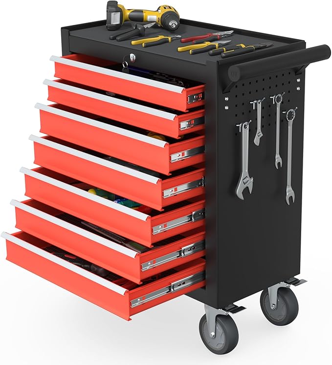 7-Drawer Rolling Tool Chest, Tool Box with 4 Wheels and Drawers, High Capacity Detachable Mobile Tool Storage Cabinet for Garage, Workshop, Mechanics and Repair Room (Black&Red)