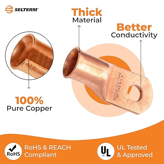 SELTERM 10pcs 2/0 AWG -5/16" Stud - Battery Lugs, Heavy Duty Wire Lugs, Ring Terminals, Battery Cable Ends,00 Gauge Terminals, UL Bare Copper Eyelets Electrical Battery Terminal Connectors