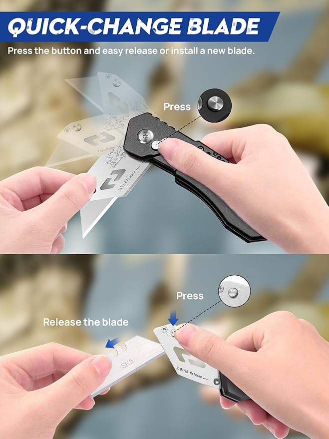 Utility Knife, BIBURY Upgraded Version Heavy Duty Box Cutter, Pocket Carpet knife with 10 Replaceable SK5 Stainless Steel Blades, Belt Clip, Easy Release Button, Quick Change and Safety Lock-Black