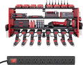 4 Layers Power Tool Organizer Wall Mount with Power Strip, Heavy Duty Metal Shelf, 400lbs Capacity for Cordless Drills, Batteries & Garage Storage (8 Slots with 8 Outlets Power Strip)