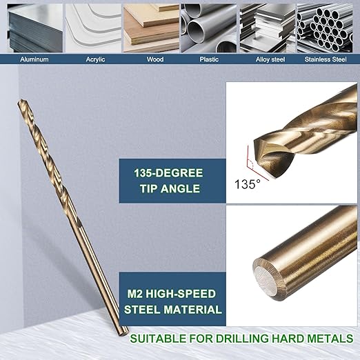 METALLIXITY Drill Bit (#46) 12Pcs, M2 High-Speed Steel Micro Number Bits Spiral Flute 135°Point Tip Gold Finish for Stainless Steel Iron Copper Aluminum Hard Metal