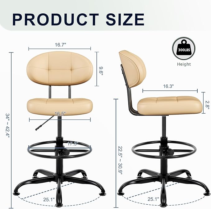 Misolant Armless Drafting Chair, Tall Office Chair no Wheels with Footrest Ring for Standing Desk, Small Faux Leather Executive Office Chair with Adjustable Height for Bar Counter Desk Khaki