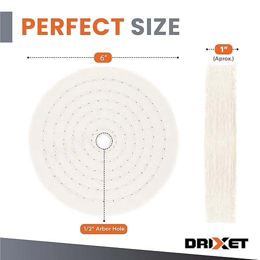 Buffing Wheels for Bench Grinder - 6 Inch Extra Thick Buffing Wheel Fine Cotton Sewn Rigid Treated Spiral with a 1/2” Center Arbor Hole - 80 Ply Polishing Wheel for Bench Grinder – by Drixet