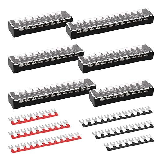 APIELE 25A Screw Terminal Block Covered 8/10/12 Position Dual Row 600V Pre-Insulated Terminal Barrier Strip (6PCS 25A 8P/10P/12P+6PCS Wiring Strips)