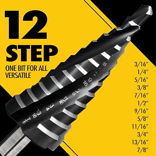 Four Spiral Flute Cobalt Step Drill Bit, 3/16'' - 7/8'' M35 TiAlN Coating Impact Ready Unibit Step Drill Bit, 1/4" Hex Shank Step Bit for Metal, Stainless Steel, Aluminum, Plastic