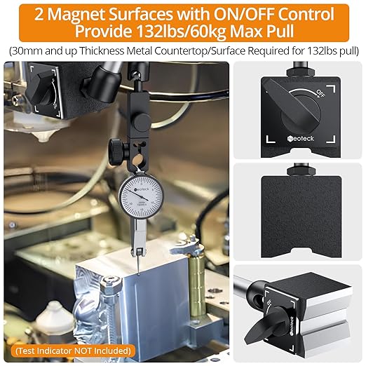 Neoteck 132lbs/60kg Max Pull Steel Magnetic Base for Digital Dial Indicator with 3/8 inch (9.52mm) Clamping Hole Adjustable Test Indicator Holder Weighs 671g Widely Used in 3D Printer and Lathe