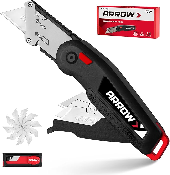 ARROW Utility Knife with Blade Storage Design, Quick Change Box Cutter, Speed Release Folding Knife with Belt Clip and Landyard Hole, Extra 13 Pieces SK2 Blades Included