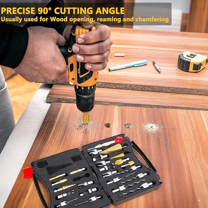 LAMPTOP 26-Pack Woodworking Tools and Accessories Including Countersink Drill Bits, 3-Pointed Countersink Drill Bit with L-Wrench, Wood Plug Cutter, Step Drill Bit, and Automatic Center Punch