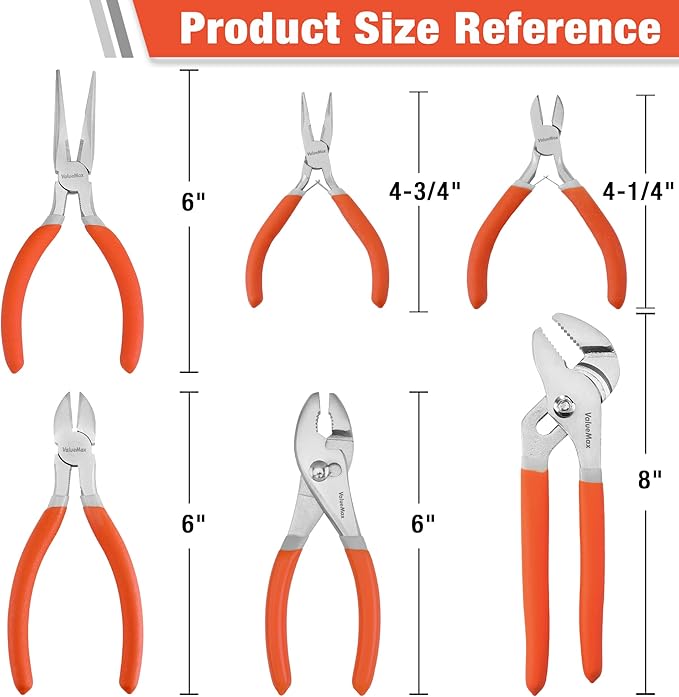 ValueMax 6-Piece Pliers Set, Includes 6 Inch& 4-3/4 Inch Long Nose Pliers, 6 Inch& 4-1/4 Inch Diagonal Pliers, 6 Inch Slip Joint Pliers, 8 Inch Groove Joint Pliers, Dipped Handle for DIY& Home Use