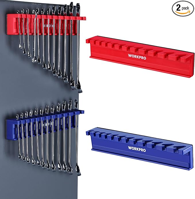 WORKPRO 2-Piece Magnetic Wrench Organizer Rack Set, 24 Slots Fits SAE (5/16' to 3/4') and Metric (9 mm to 20 mm) Wrench Holder Trays to Keep Wrenches Organized