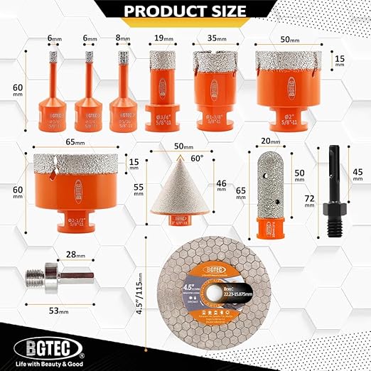 BGTEC Diamond Hole Saw Kit - 12PCS 6/6/8/19/35/50/65mm Drill Bits+20mm Milling Finger Bit+50mm Chamfering Bit+SDS/HEX+115mm Tile Blade for Porcelain Tile Ceramic Granite Marble Stoneware