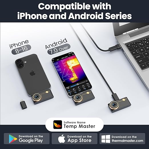 Thermal Camera for Android & iOS, P3 Thermal Imaging Camera with 512×384 X³ IR Resolution, 256×192 IR Resolution, Manual Focus Infrared Camera, 15× Zoom, -4℉ to 1112℉ Temp Range Thermal Imager