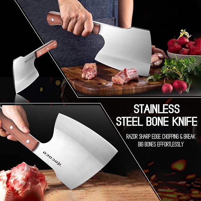 ROCOCO Meat Bone Cleaver Knife for Meat Cutting Heavy Duty Butcher Axes Hand Forged Full Tang Chopper for Kitchen Thanksgiving Christmas Gifts Idea Men Silver