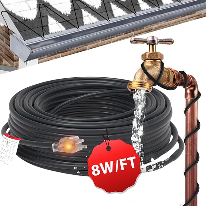 HEATIT 8JHSF1 6ft Roof Snow Deicing Heating Cable for Ice Dam Prevention, 8W/ft Plug-in Ready Roof & Gutter Snow De-Icing Cable, Self-Regulating Heating Cables with 10ft Lighted Plug ETL Listed 120V