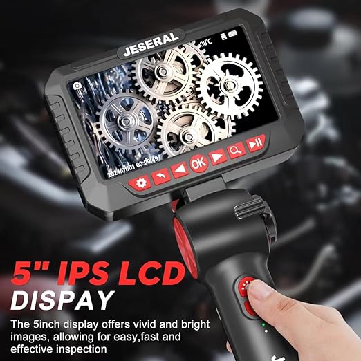 Articulating Borescope Camera - JESERAL 5" HD 1080P Inspection Camera Screen with 6 Led Light, Endoscope with 6.2mm Len IP67 Waterproof Probe, 3X Zoom Borescope with Semi-Rigid 5FT Cable for Mechanic