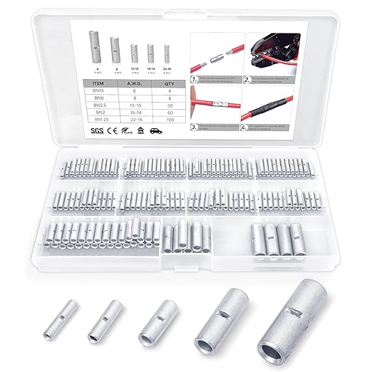 Kuject 200PCS Non Insulated Butt Connectors Kit, Uninsulated Wiring Crimps Terminals for AWG 22-16, 16-14, 12-10, 8, 6, Tinned Pure Copper Wire Butt Splice Connectors for Electrical DIY