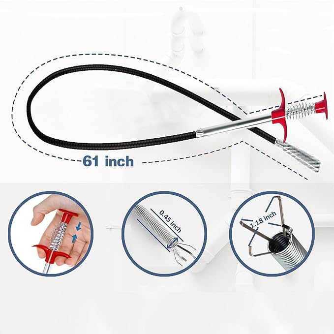 Flexible grabberDrain Snake Tool - The Ultimate 61inch Flexible Grabber for Hair, Unclog Any Drain in Minutes! Gunk & Debris in Sinks, Showers & Tubs. No More Chemicals, Just Quick Results!