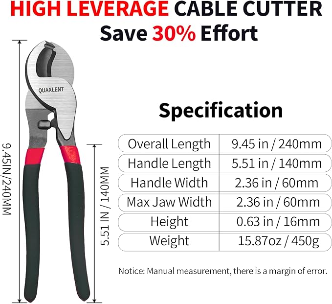 10 Inch Large Cable Cutter Heavy Duty High Leverage Big Wire Cutting Plier Tool for 4/0 Aluminum 2/0 Soft Copper and 100PR 24AWG Comm Cable, Black