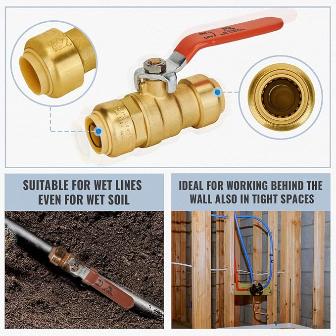 SUNGATOR 3/4 Inch Ball Valve, 3/4" Shut Off Valve, No Lead Brass Push-to-Connect Plumbing Water Shutoff for PEX Pipe, Copper, CPVC, PE-RT, with 1 Disconnect Clip, Pack of 6