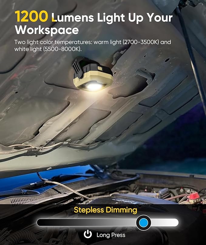Magnetic Work Light, 1200LM Magnetic Light with IPX4 Waterproof, 4000mAh Battery Led Work Light, Camping Light for Car Repair, Camping, Emergency (2 Pack)