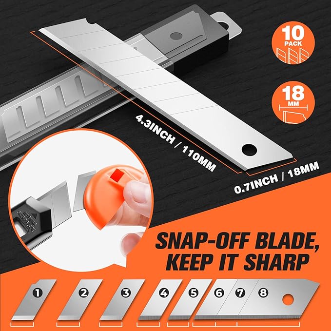 3 Pack Utility Knife Box Cutter Retractable, Compact Box Knife for Cartons, Cardboard, and Boxes, with 10 Piece 18mm Wider Snap-off Blade Razor Sharp Blade, Perfect for Office and Home Use