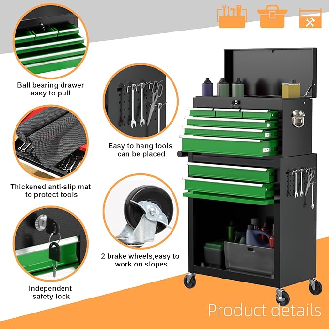 8-Drawer High Capacity Rolling Tool Chest, Removable Cabinet Storage Tool Box with Wheels and Drawers, Detachable Toolbox with Lock for Workshop Mechanics Garage(Black&Green)