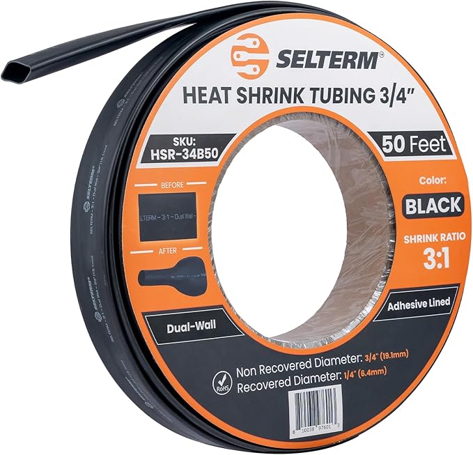 SELTERM 3/4" Black [50 Feet] Marine Grade Heat Shrink Tubing Roll, 3:1 Ratio Dual Wall Adhesive Lined Waterproof Heat Shrink Wrap Tube, for Battery Cable Lugs Wire Terminals Connectors